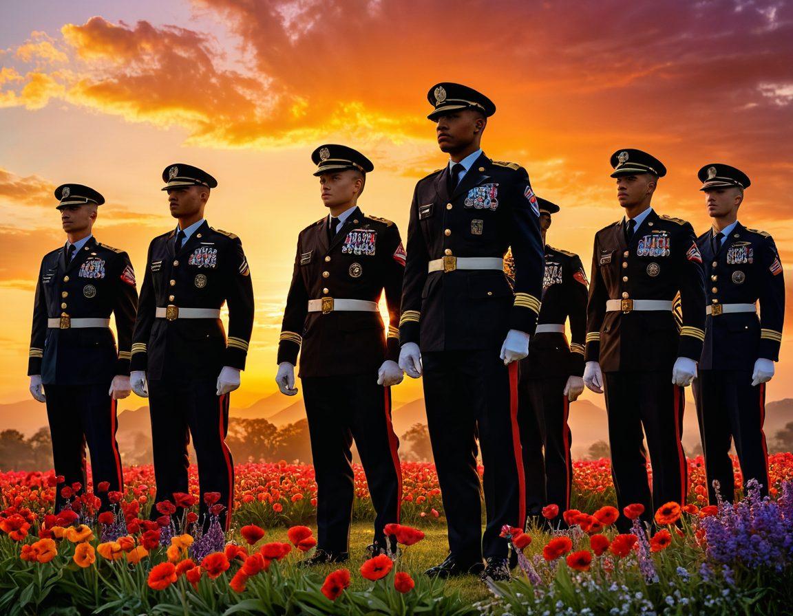 A powerful depiction of armed forces members standing proud in a vivid sunrise backdrop, showcasing their resilience and beauty. The soldiers are adorned in diverse uniforms, representing different branches of the military. Surround them with symbolic elements like flowing ribbons of strength and courage, interwoven with vibrant flowers that highlight beauty in adversity. The scene conveys a sense of unity and empowerment. super-realistic. vibrant colors.