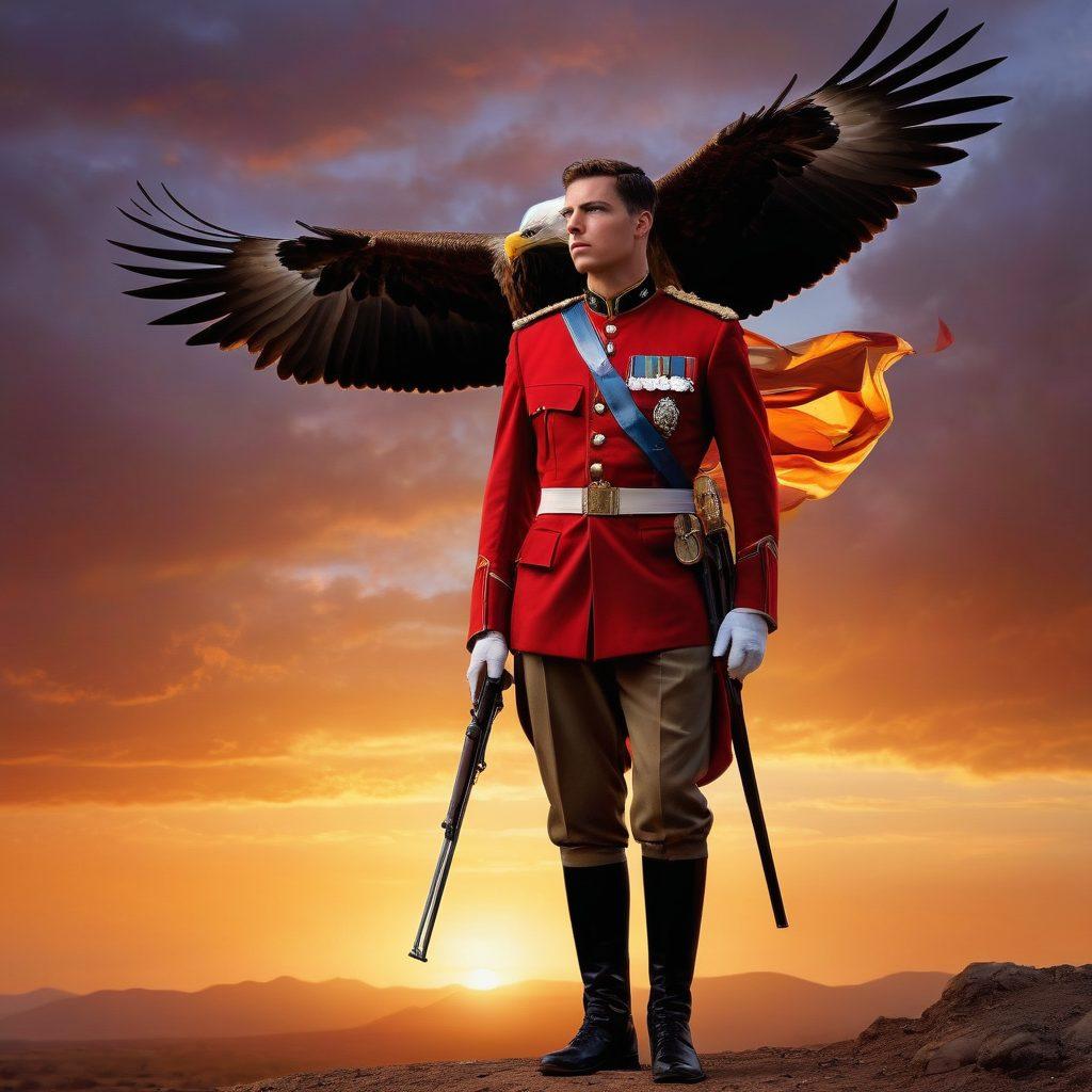 A well-groomed soldier in a sharply tailored uniform, standing proudly in a dynamic pose, surrounded by elements of nature that signify loyalty and duty, like an eagle soaring overhead and a waving flag. The background should depict a serene battlefield at sunset, blending strength with elegance, with a focus on details in the fabric of the uniform and the soldier's confident expression. super-realistic. vibrant colors. dramatic lighting.