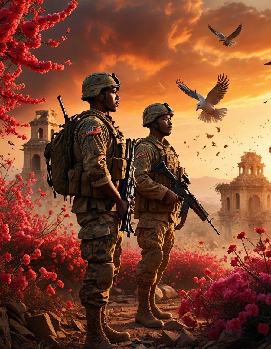 A dramatic battlefield scene at sunset, showcasing soldiers in vibrant uniforms engaged in camaraderie, flowers blooming amidst the ruins, symbolizing beauty amidst conflict. Include doves flying in the background representing peace, with a soft glow illuminating the landscape. super-realistic. vibrant colors. cinematic.